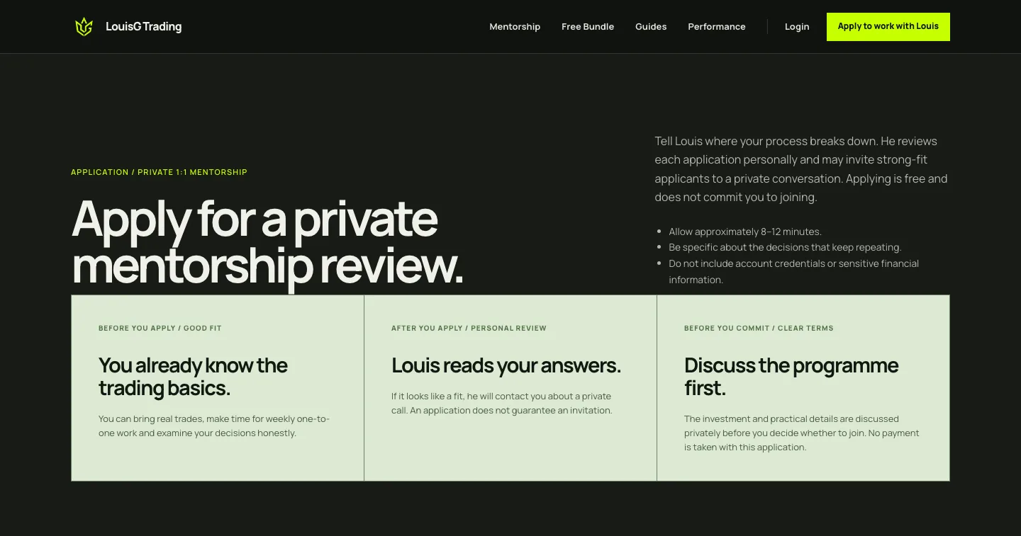 Current LouisG Trading mentorship application page