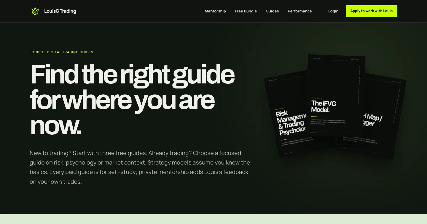 Current LouisG Trading guides page with self-study guide covers