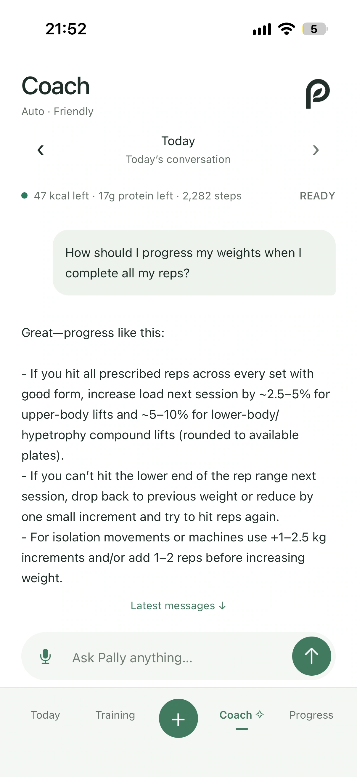 A Pally AI Coach conversation about progressing weights after completing all reps.